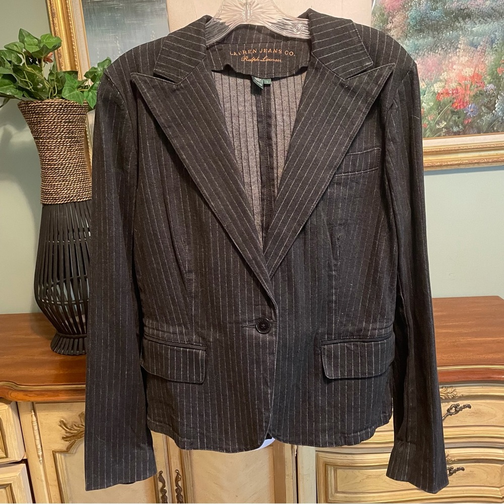 Ralph Lauren Jeans Co Black Denim Pinstrip Jacket Blazer Large NEW NWOT